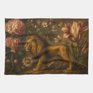 Vintage Lion and Botanical Garden Oil Painting Kitchen Towel