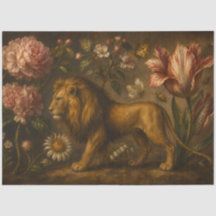 Vintage Lion and Botanical Garden Oil Painting