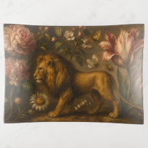 Vintage Lion and Botanical Garden Oil Painting