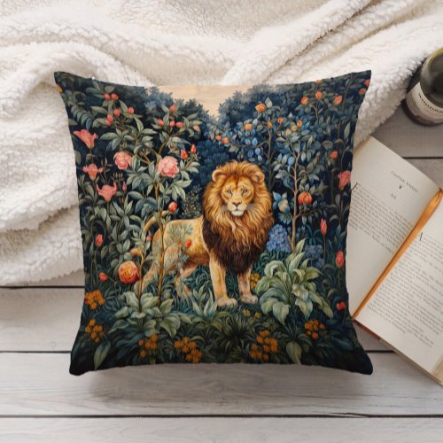 Vintage Lion Botanical Floral Jungle Throw Pillow