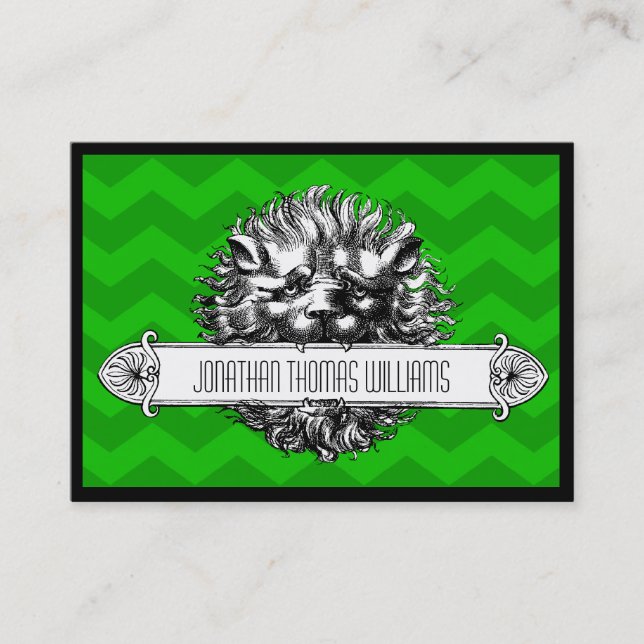 Vintage Lion & Green Chevron Modern Business Card (Front)