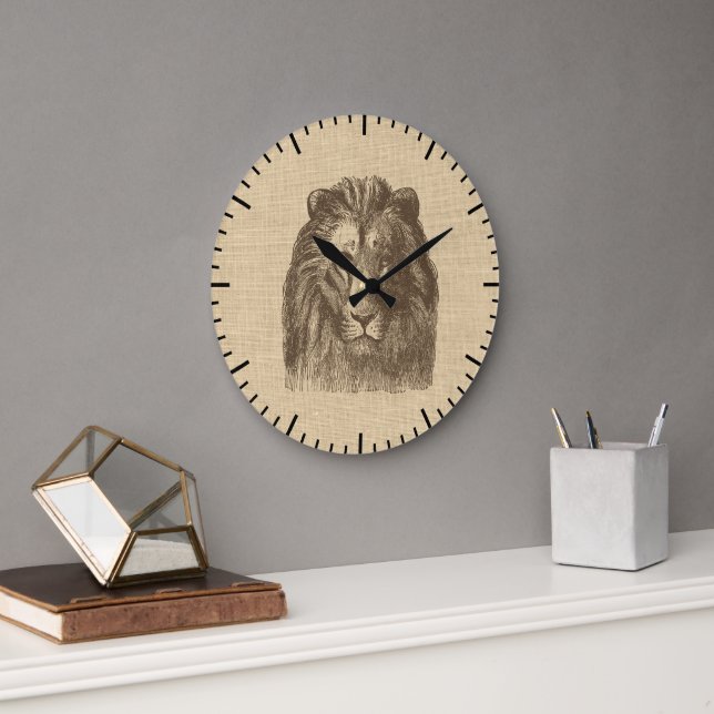 Vintage Lion Illustration on Burlap   Large Clock (Office)