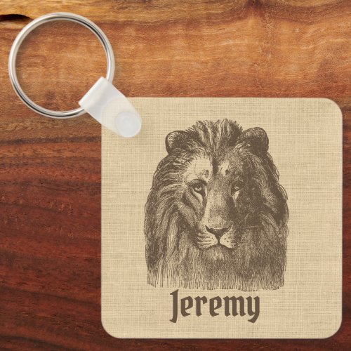 Vintage Lion Illustration on Burlap Personalized  Keychain