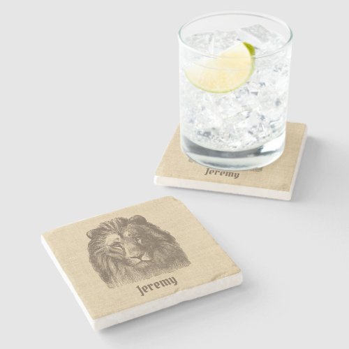 Vintage Lion Illustration on Burlap Personalized  Stone Coaster