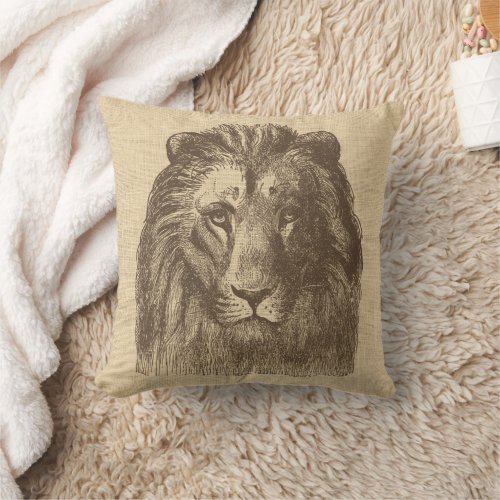 Vintage Lion Illustration on Burlap  Throw Pillow