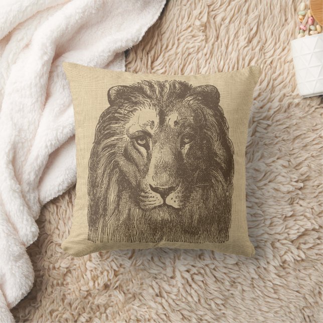 Vintage Lion Illustration on Burlap  Throw Pillow (Blanket)