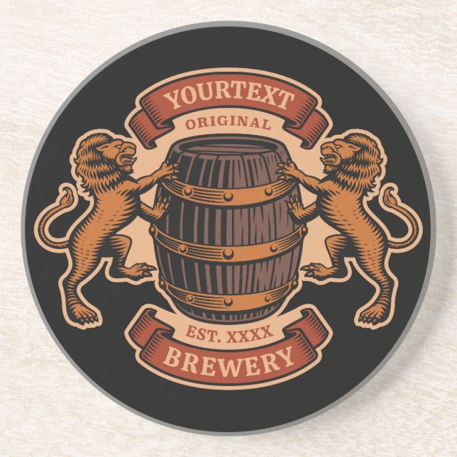 Vintage Lion Oak Barrel Personalized Brewery Beer Coaster (Front)