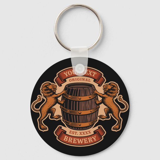 Vintage Lion Oak Barrel Personalized Brewery Beer  Keychain (Front)