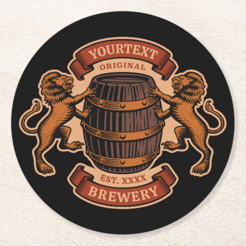 Vintage Lion Oak Barrel Personalized Brewery Beer Round Paper Coaster