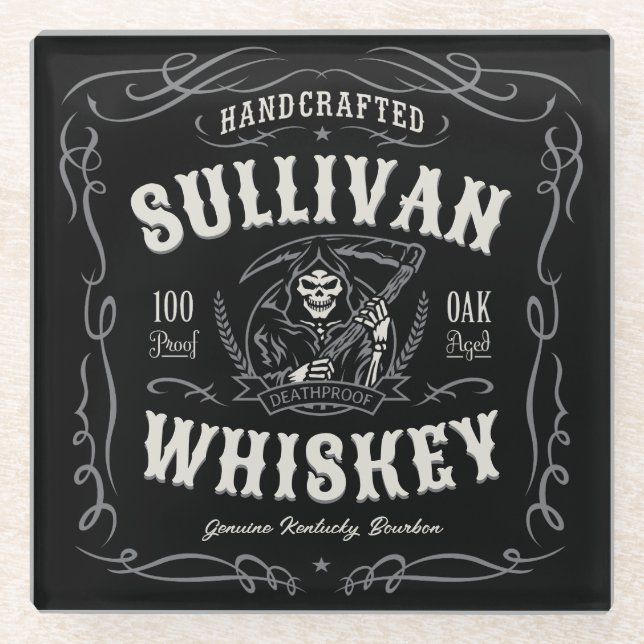 Vintage Liquor ADD NAME Old Grim Reaper Whiskey Glass Coaster (Front)
