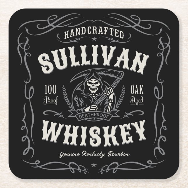 Vintage Liquor ADD NAME Old Grim Reaper Whiskey Square Paper Coaster (Front)
