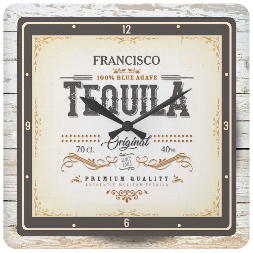 Vintage Liquor Label ADD NAME Mexican Tequila Bar Square Wall Clock