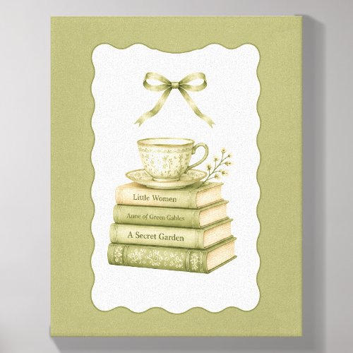 Vintage Literary Green Book Stack And Tea Cup Canvas Photo Tile