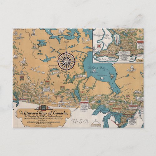 Vintage Literary Map of Canada Postcard