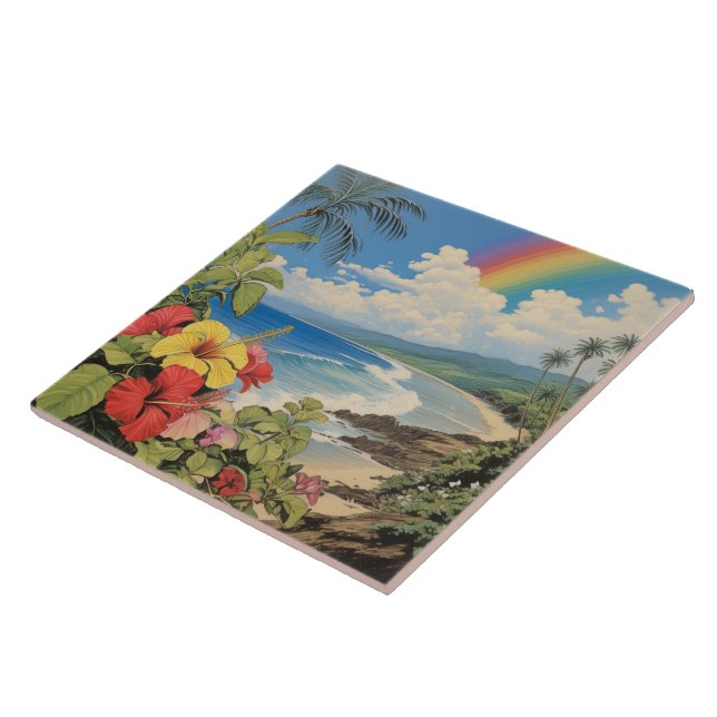 Vintage lithograph tropical art ceramic tile (Side)