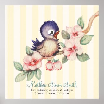 Vintage Little Bird Baby Personalized Birth Poster by jardinsecret at Zazzle