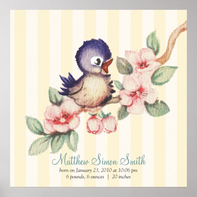 Vintage Little Bird Baby Personalized Birth Poster (Front)