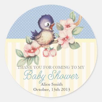 Vintage Little Bird Baby Shower Personalized Favor Classic Round Sticker by jardinsecret at Zazzle