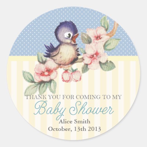 Vintage Little Bird Baby Shower Personalized Favor Classic Round Sticker