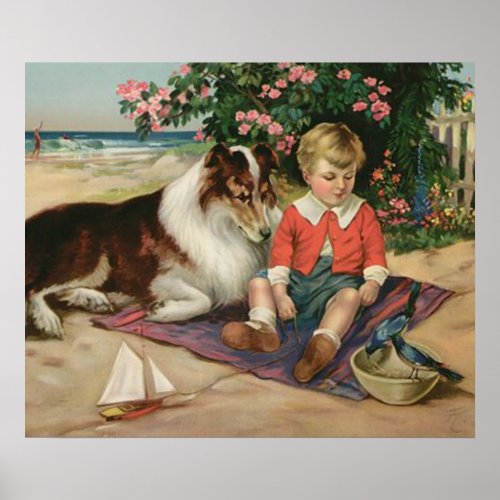 Vintage Little Boy Collie and Bluebirds Poster