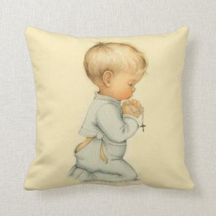 Vintage Little Boy praying the Rosary Throw Pillow