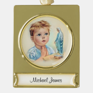 Vintage little boy praying to Blessed Virgin Mary Gold Plated Banner Ornament