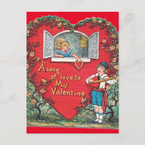 Vintage Little Boy Serenades Little Girl Valentine Postcard