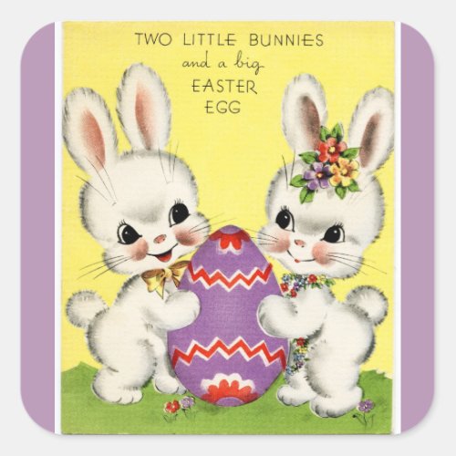 Vintage Little Bunnies and Easter Egg Purple Square Sticker