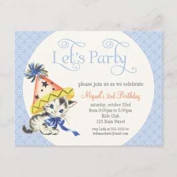 Vintage Little Cat With Party Hat Birthday Party Invitation by jardinsecret at Zazzle