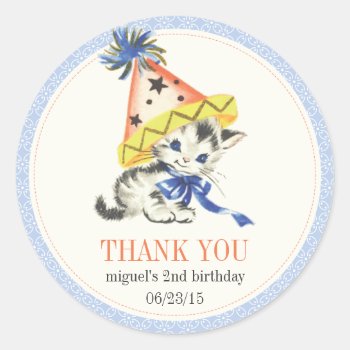 Vintage Little Cat With Party Hat Party Favor Classic Round Sticker by jardinsecret at Zazzle