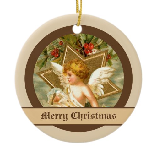 Vintage little cute Christmas angel and star Ceramic Ornament
