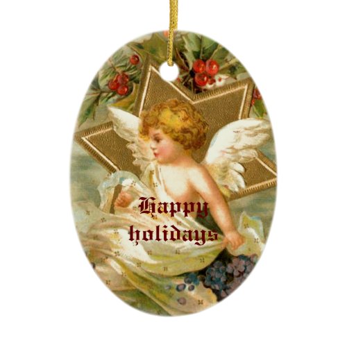 Vintage little cute Christmas angel and star Ceramic Ornament
