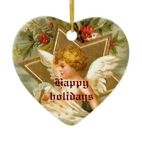 Vintage little cute Christmas angel and star Ceramic Ornament