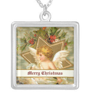 Vintage little cute Christmas angel and star Silver Plated Necklace