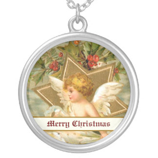Vintage little cute Christmas angel and star Silver Plated Necklace