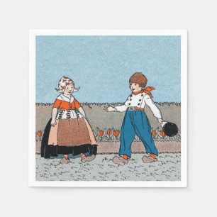 Vintage Little Dutch Girl Boy Traditional Dress Napkins