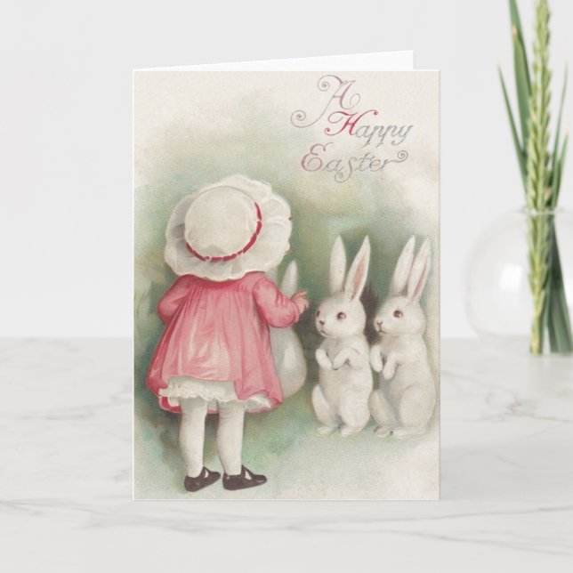 Vintage Little Girl And Easter Bunnies Easter Card (Front)
