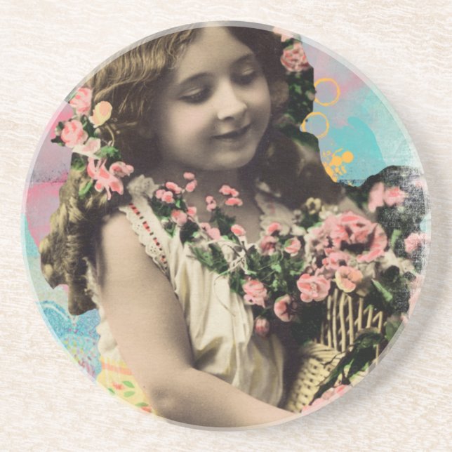 Vintage Little Girl and Flowers Drink Coaster (Front)
