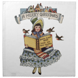 Vintage Little Girl and Xmas Santa Claus Book Napkin