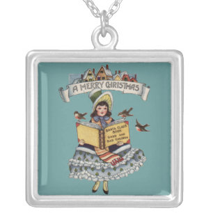 Vintage Little Girl and Xmas Santa Claus Book Silver Plated Necklace