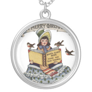 Vintage Little Girl and Xmas Santa Claus Book Silver Plated Necklace