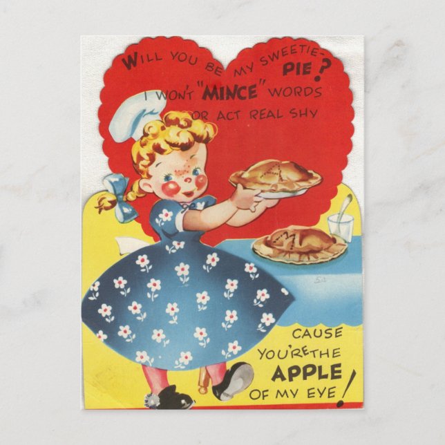 Vintage Little Girl Bakes Pie Valentine Postcard (Front)