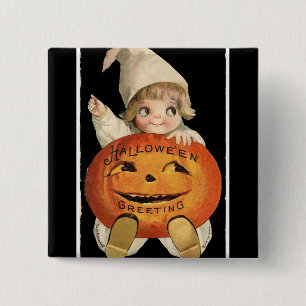 Vintage Little Girl Big Halloween Pumpkin Square Button