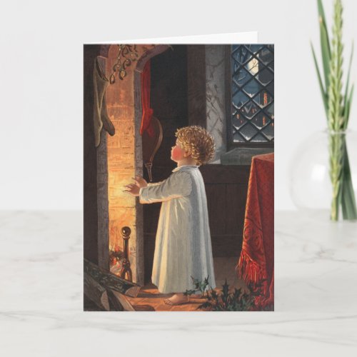 Vintage Little Girl by Fireplace Christmas Card