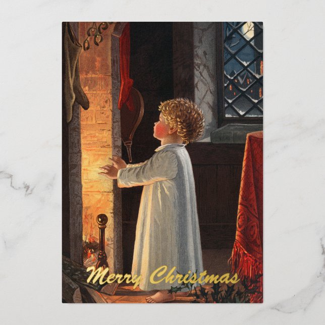 Vintage Little Girl by Fireplace Christmas Gold Foil Holiday Card (Front)
