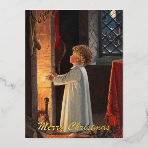 Vintage Little Girl by Fireplace Christmas Gold Foil Holiday Postcard