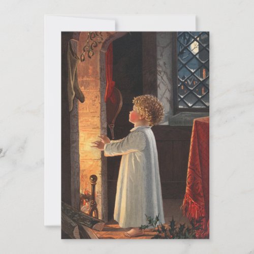 Vintage Little Girl by Fireplace Christmas Holiday Card