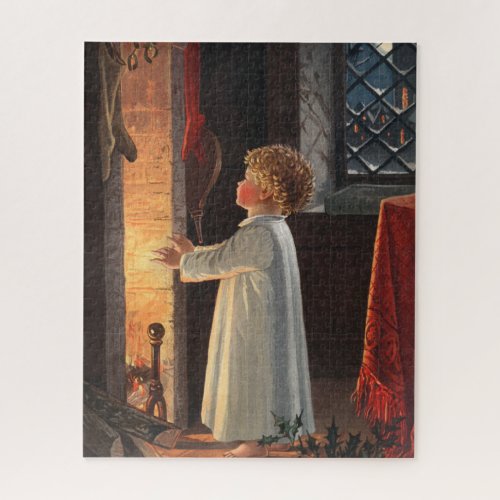 Vintage Little Girl by Fireplace Christmas Jigsaw Puzzle