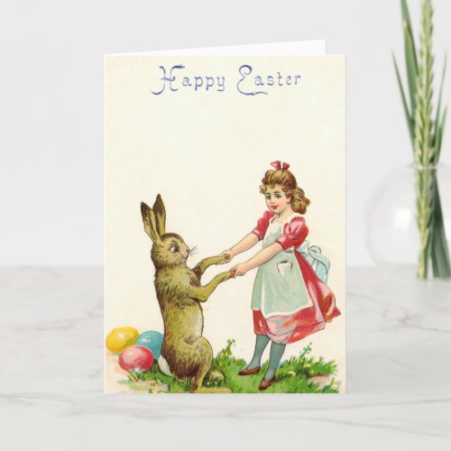 Vintage Little Girl Dance with Bunny Easter Egg Holiday Card