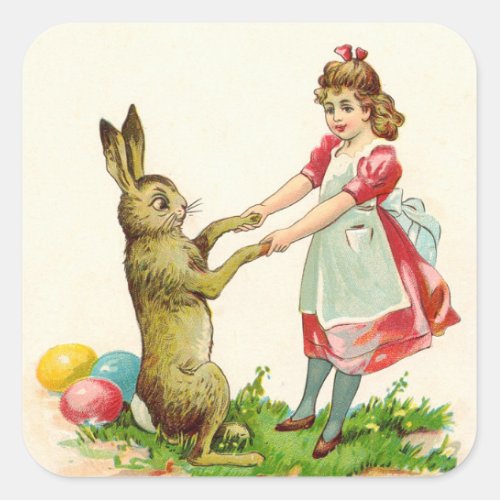 Vintage Little Girl Dance with Bunny Easter Egg Square Sticker